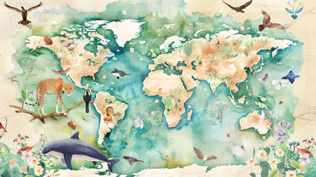 World map wallpaper design file showing detailed watercolor wildlife illustrations and geographic features