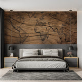 Wooden World Map Wallpaper in modern home office with natural lighting showing detailed continental outlines
