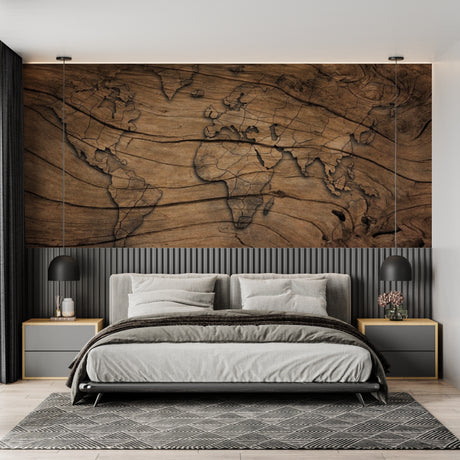 Wooden World Map Wallpaper in modern home office with natural lighting showing detailed continental outlines