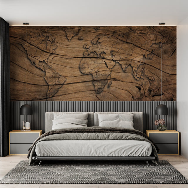 Wooden World Map Wallpaper in modern home office with natural lighting showing detailed continental outlines