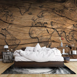 World Map Wall Mural with wood texture in cozy living room setting