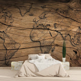 Wooden World Map feature wall in travel agency office