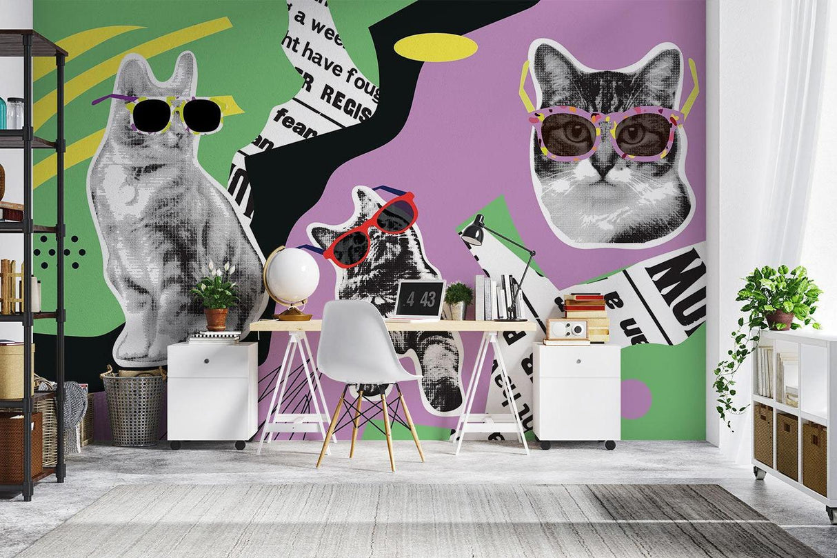 Pop Art Mural Wallpaper | Cool Cats With Sunglasses Design