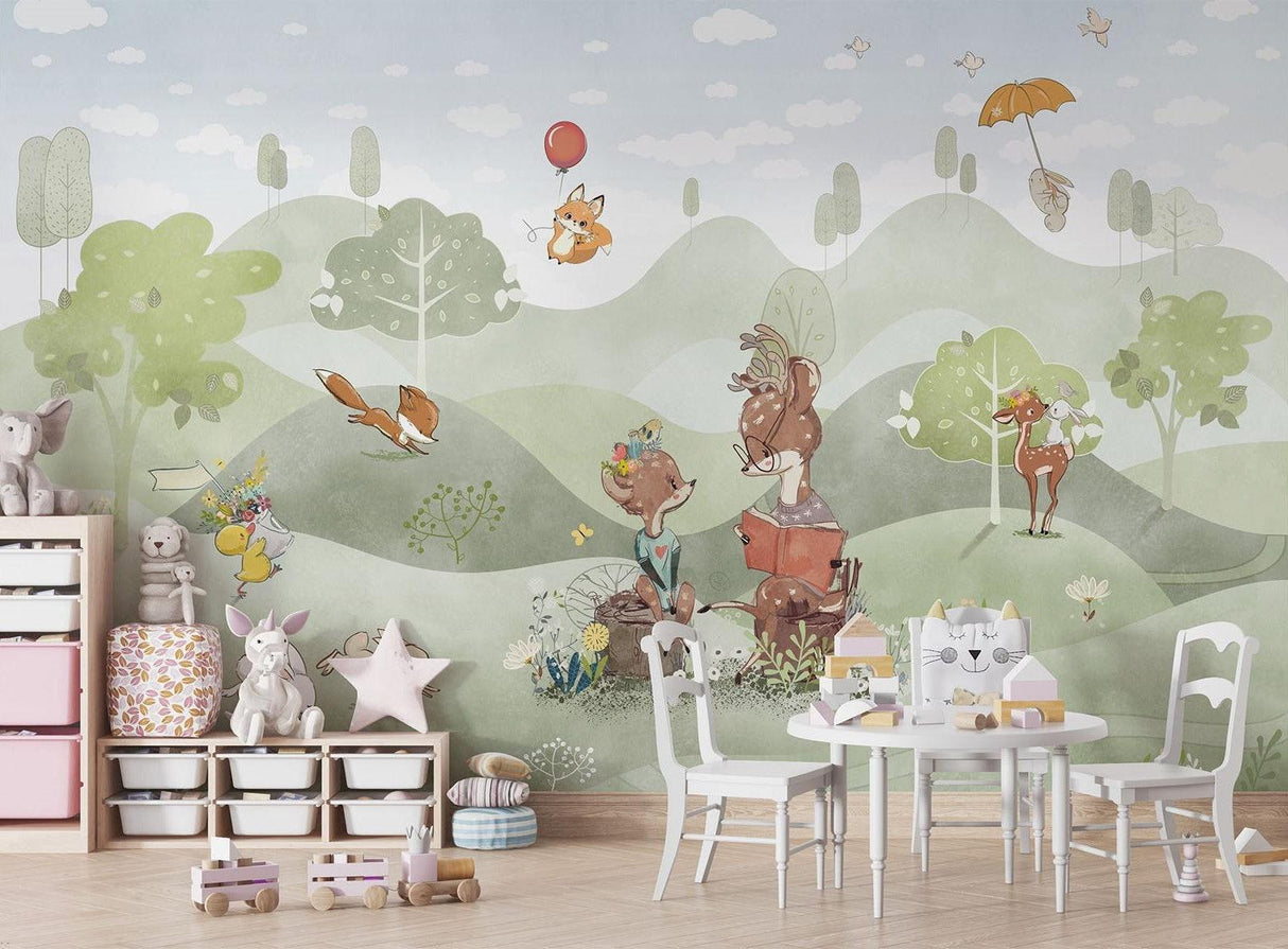 Forest Animals Mural Wallpaper | Whimsical Woodland Adventure Scene