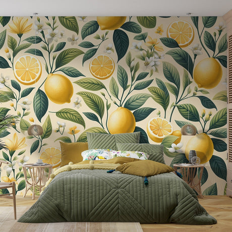 Citrus Mural Wallpaper  Botanical Lemon and Floral Pattern - Premium wallpaper design showcase