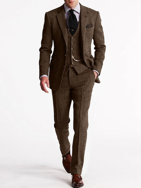Classic Tweed Three Piece Suit  Brown Herringbone Wool Blend - Product detail 11