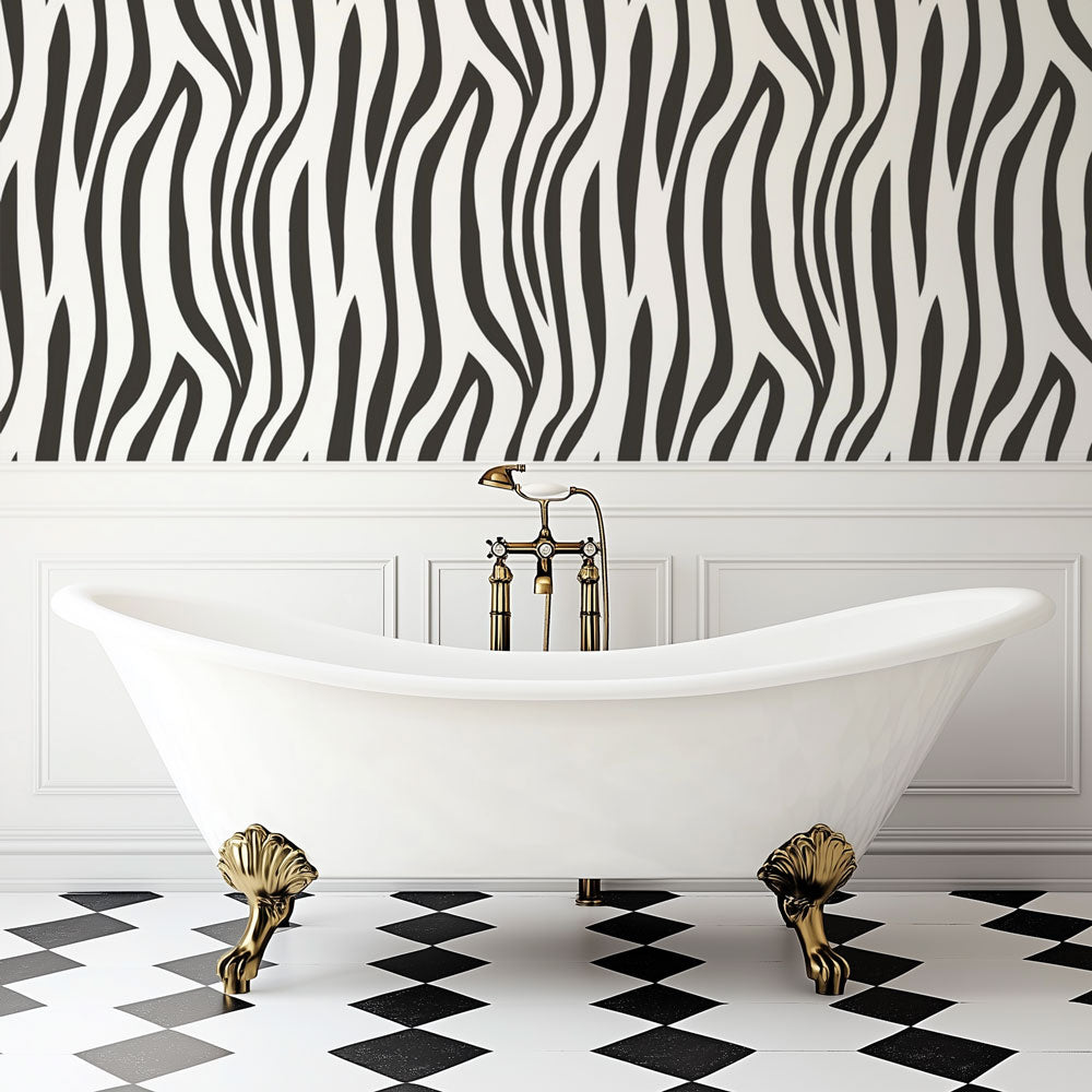 Modern living room featuring striking Zebra print wallpaper mural, showing black and white pattern in contemporary setting