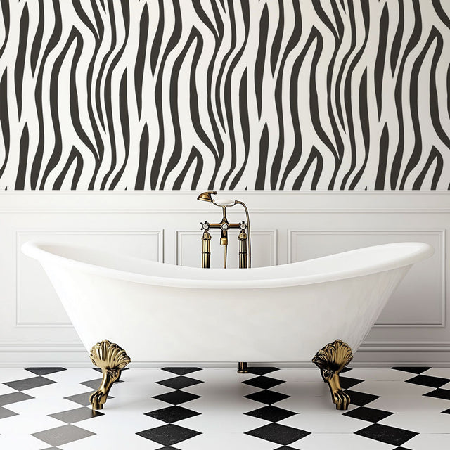 Modern living room featuring striking Zebra print wallpaper mural, showing black and white pattern in contemporary setting