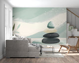Zen stone balance wallpaper creating serenity in a modern living room with minimalist furniture
