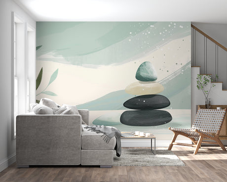 Zen stone balance wallpaper creating serenity in a modern living room with minimalist furniture