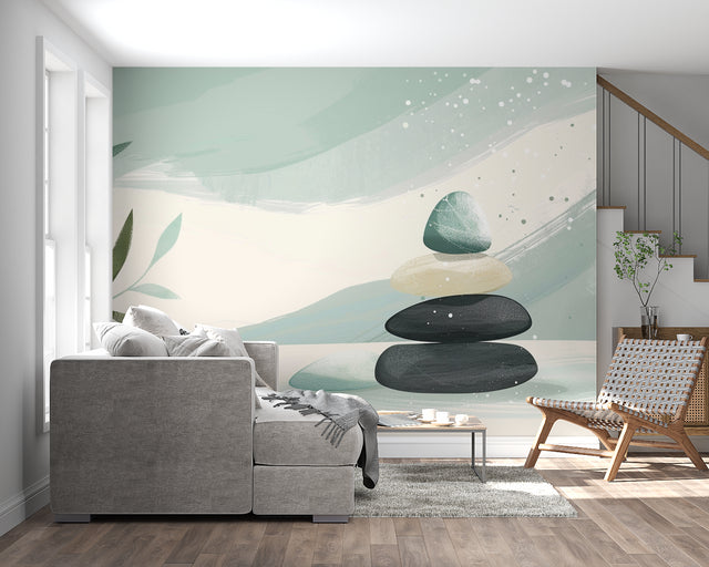 Zen stone balance wallpaper creating serenity in a modern living room with minimalist furniture
