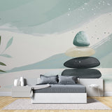 Mint zen wallpaper mural in a yoga studio showing balanced stones and flowing design