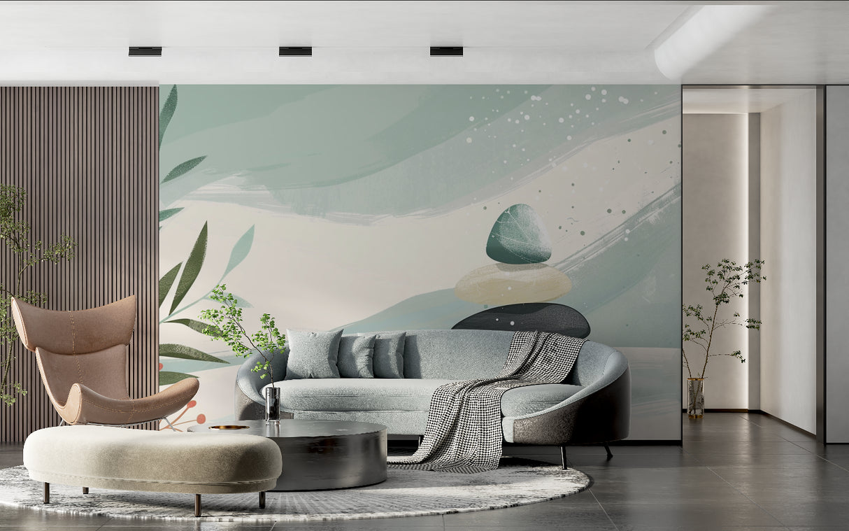 Home office space with calming mint stone balance wallpaper creating focus atmosphere