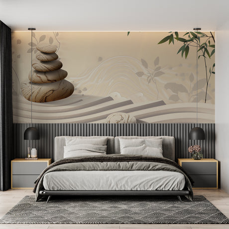 Zen garden wallpaper creating calm in a modern living room with minimalist furniture