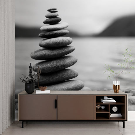 Zen stone wallpaper creating calm in a modern living room with grey sofa