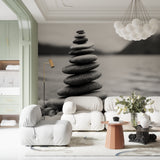Stone balance wall mural bringing peace to a minimalist bedroom