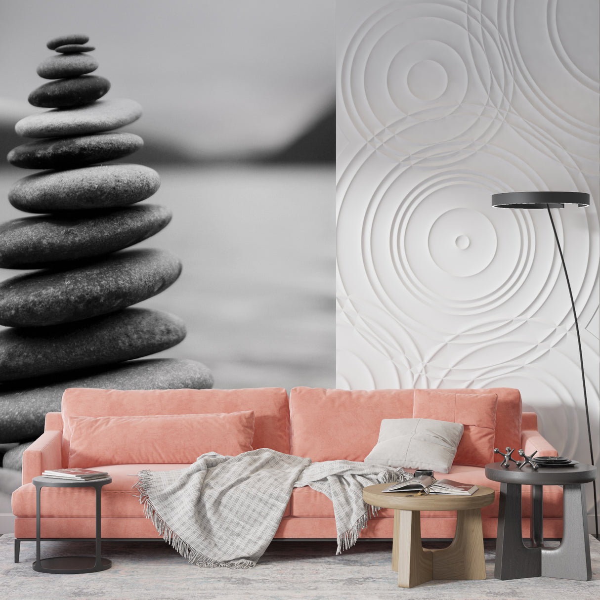 Balanced stone mural wallpaper in a peaceful home office setting
