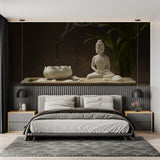 Buddha meditation wallpaper transforming master bedroom into peaceful sanctuary with minimal decor