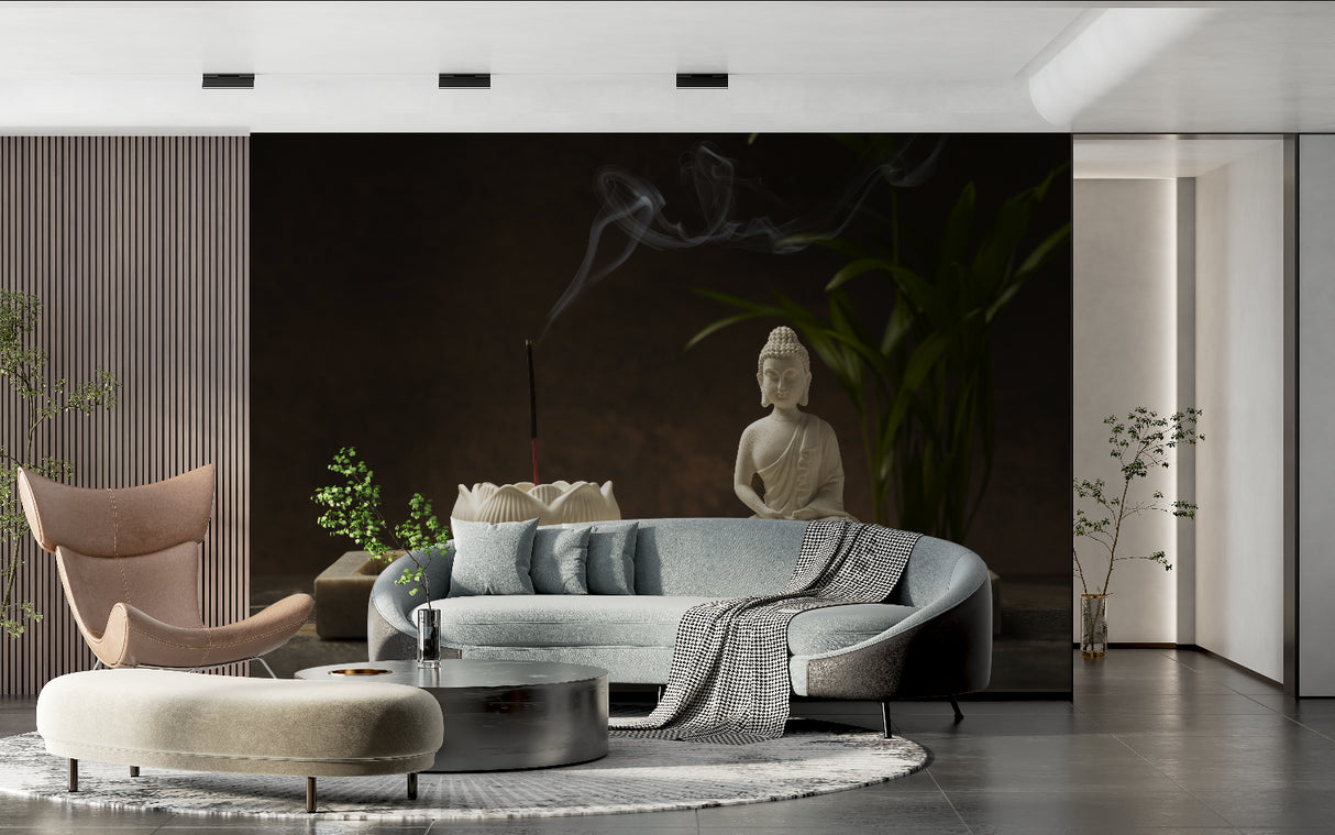 Zen meditation wallpaper creating calm atmosphere in massage therapy room with soft lighting