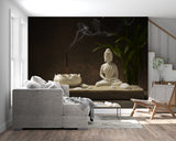 Buddha incense wall mural adding spiritual touch to home office meditation corner setup