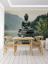 Zen Buddha wallpaper creating serenity in a modern living room with minimal furniture