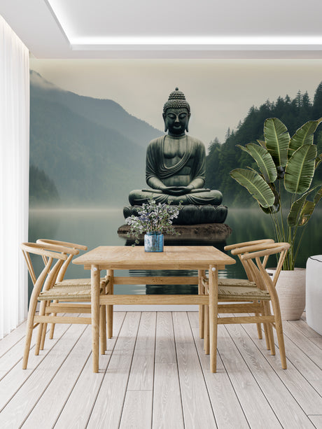 Zen Buddha wallpaper creating serenity in a modern living room with minimal furniture