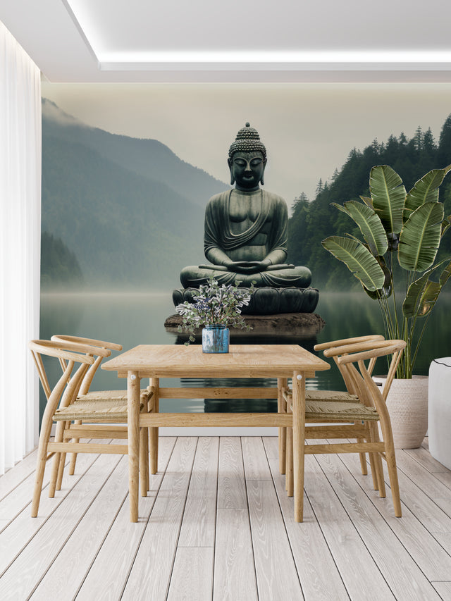 Zen Buddha wallpaper creating serenity in a modern living room with minimal furniture