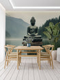 Zen Buddha wallpaper creating serenity in a modern living room with minimal furniture