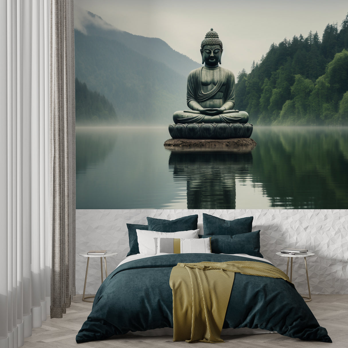Meditation room with Buddha lake wallpaper showing morning light effects
