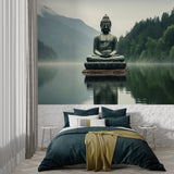 Meditation room with Buddha lake wallpaper showing morning light effects