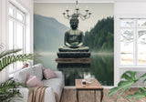 Master bedroom featuring peaceful Buddha mountain reflection mural