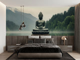 Yoga studio wall with zen Buddha lake wallpaper creating depth