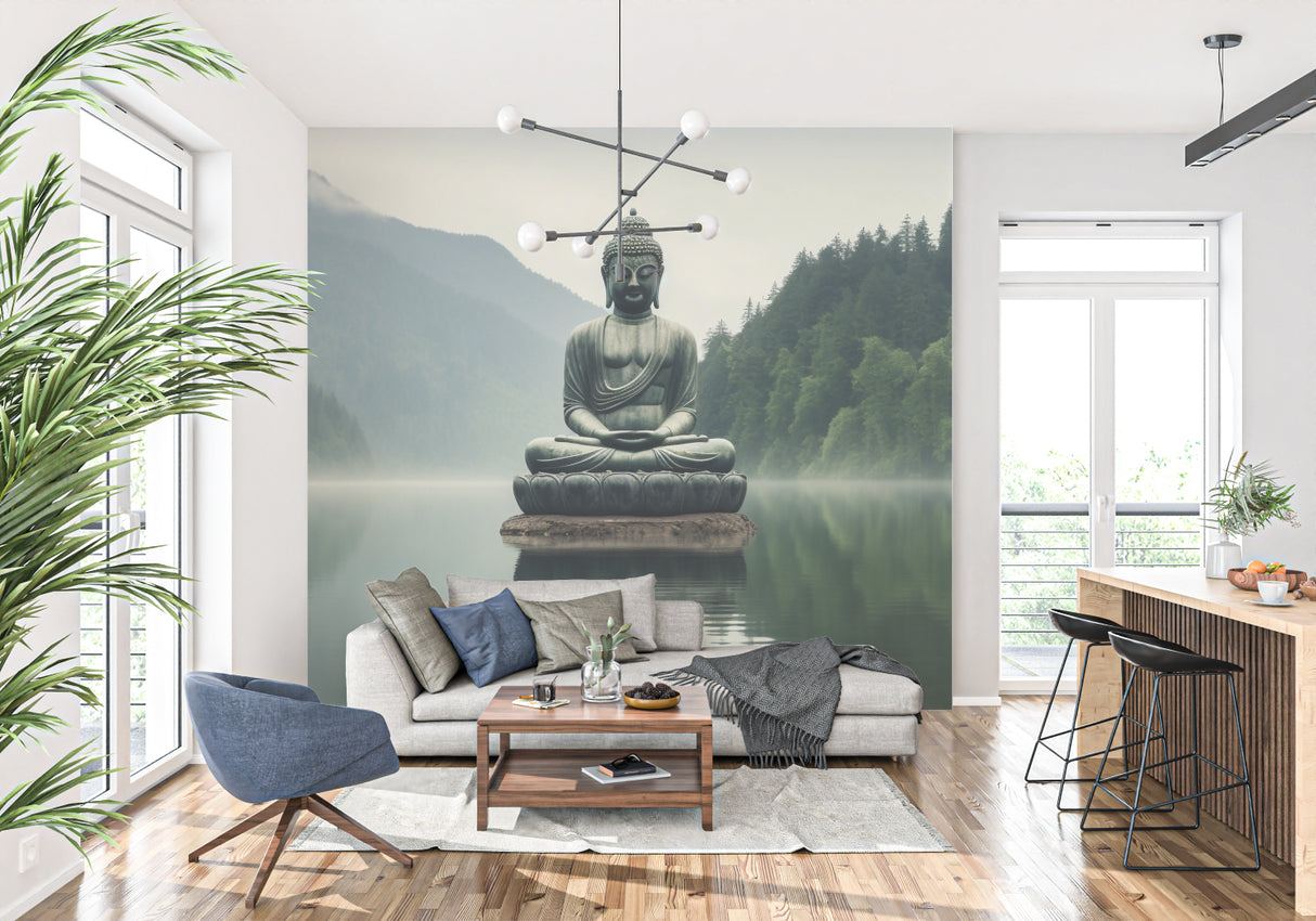 Spa reception area showcasing Buddha meditation wall mural