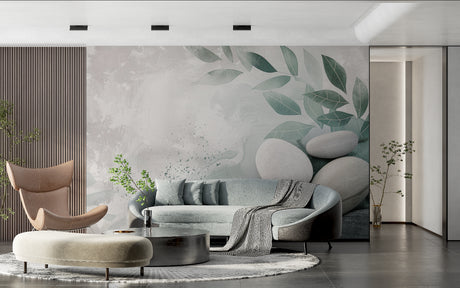 Zen stone and leaf wallpaper in modern living room creating peaceful atmosphere