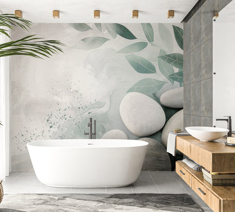 Zen wallpaper with sage leaves and stones creating calm atmosphere in modern bathroom with freestanding tub