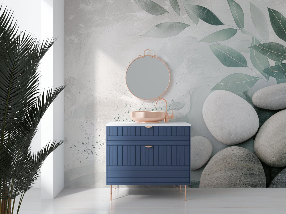 Nature-inspired wall mural with sage leaves in minimalist bedroom setting