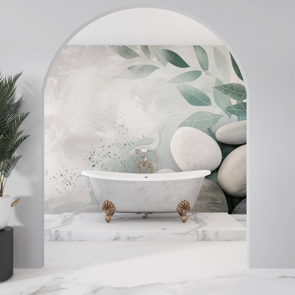 Botanical wall mural featuring river stones in meditation room corner