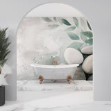 Botanical wall mural featuring river stones in meditation room corner