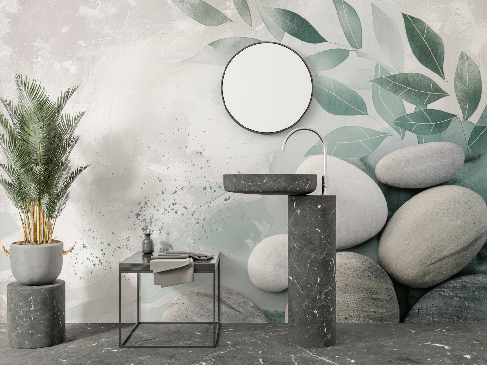 Zen stone wallpaper creating spa-like atmosphere in master bathroom