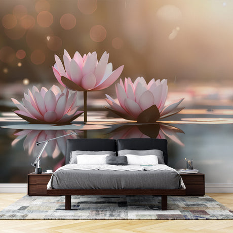 Lotus Mural Wallpaper  Pink Flowers on Reflective Water - Premium wallpaper design showcase