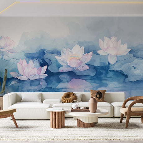 Lotus Mural Wallpaper  Watercolor Blue and Pink Design - Premium wallpaper design showcase