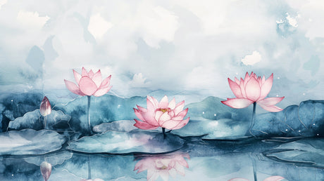 Lotus Mural Wallpaper  Watercolor Pink Flowers on Blue Lake - Detailed wallpaper pattern view