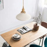 Ceramic Pendant Light  Ribbed White Shade with Brass Fixtures - Detailed view