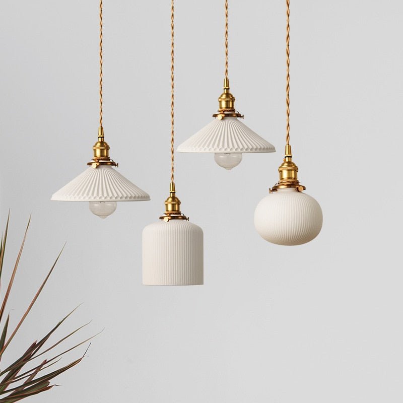 Ceramic Pendant Light  Ribbed White Shade with Brass Fixtures - Product detail 9