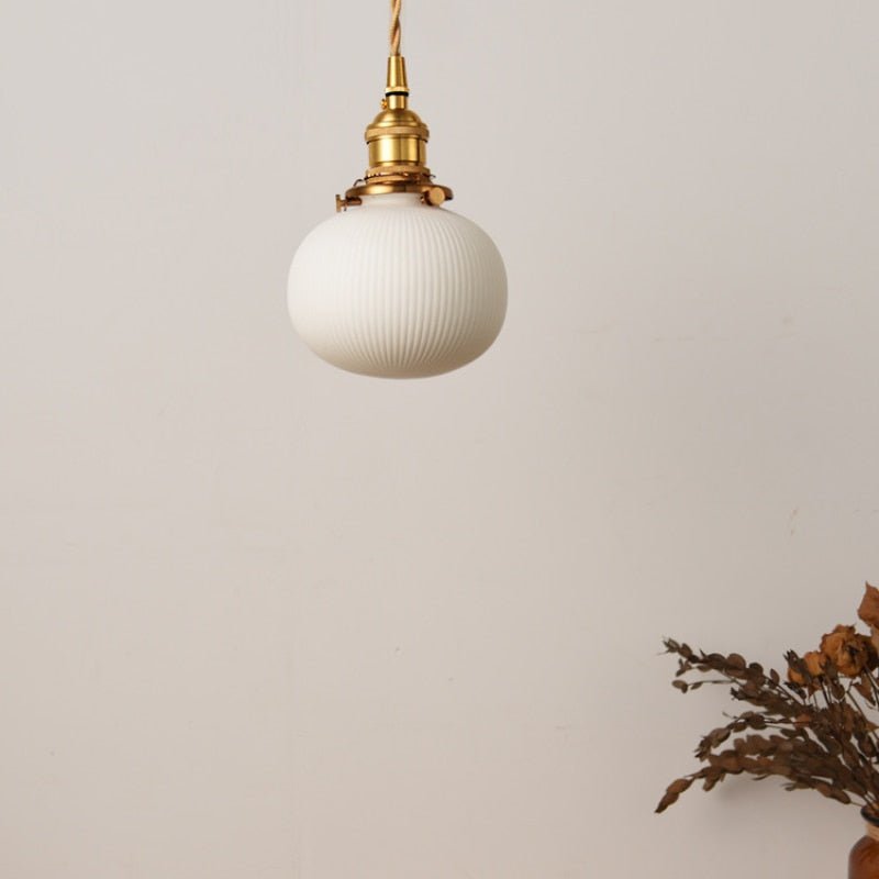 Ceramic Pendant Light  Ribbed White Shade with Brass Fixtures - Product detail 10
