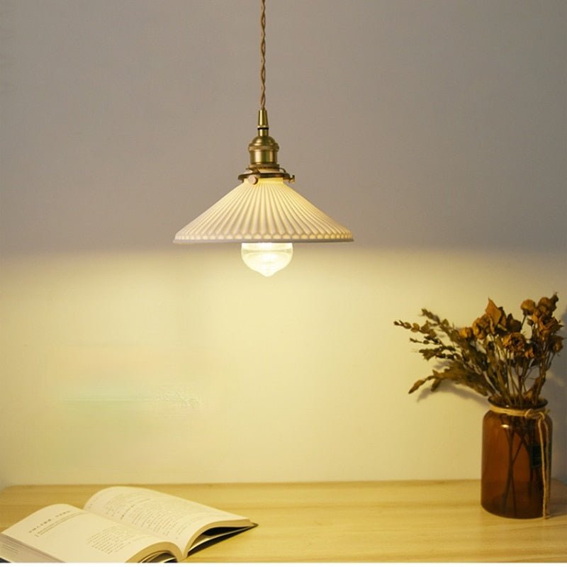 Ceramic Pendant Light  Ribbed White Shade with Brass Fixtures - Product detail 5