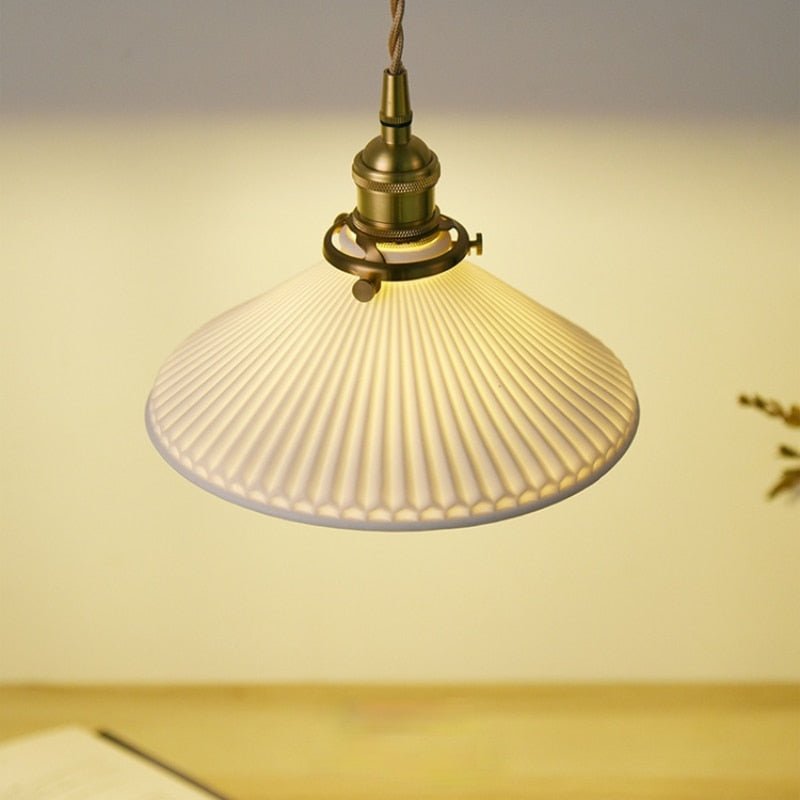 Ceramic Pendant Light  Ribbed White Shade with Brass Fixtures - Product detail 7