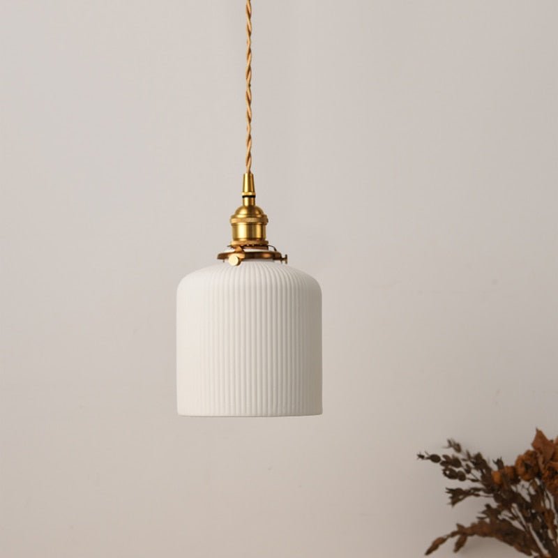Ceramic Pendant Light  Ribbed White Shade with Brass Fixtures - Product detail 11
