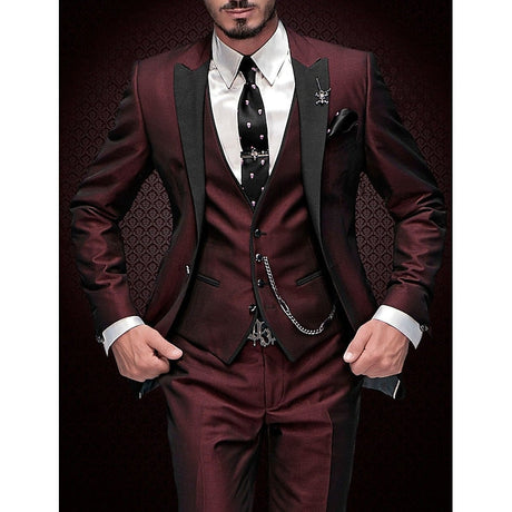 Luxury Three-Piece Suit  Burgundy Satin with Black Lapels - Product detail 7